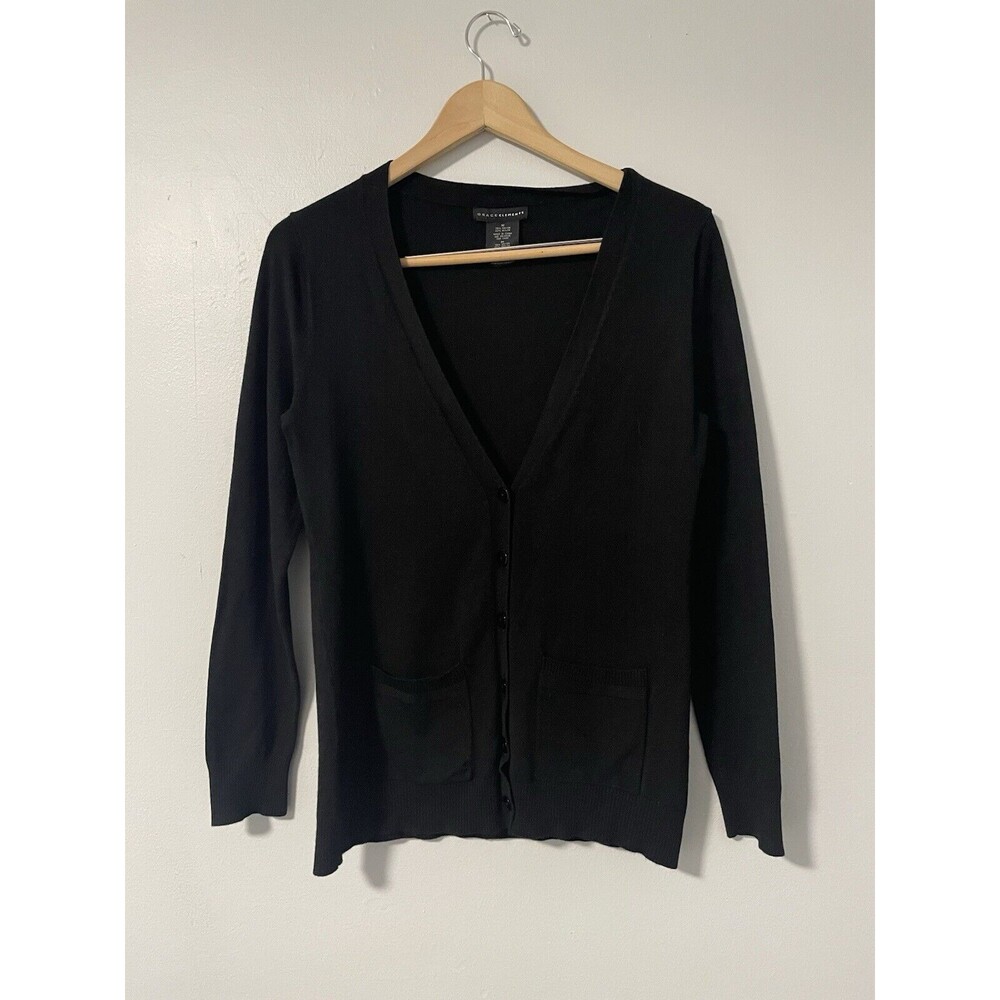 Grace‎ Elements Deep V-Neck Cardigan Sweater with Front Pockets Black M